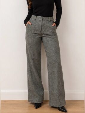 Tory Burch Wool Lurex Herringbone Wide-Leg Trousers Black Gold Grey Size 0
